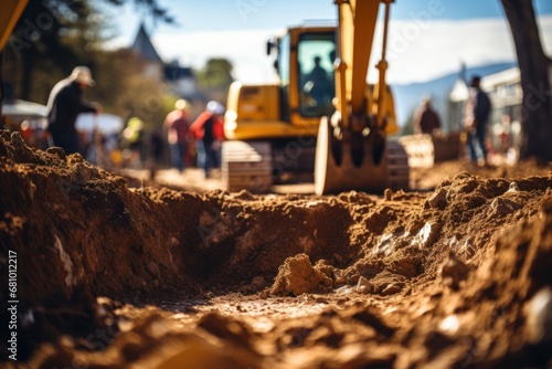 Close up of a digger digging foundation at construction site.