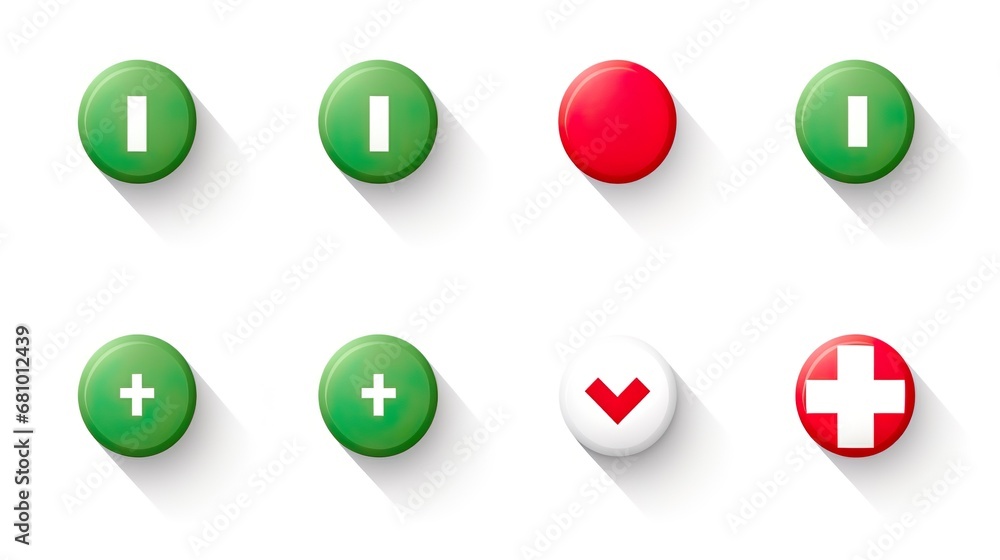 Green check mark and red cross icon set. Circle and square. Tick symbol in green color Green check mark and red cross icon set. Circle and square. Tick symbol in green color