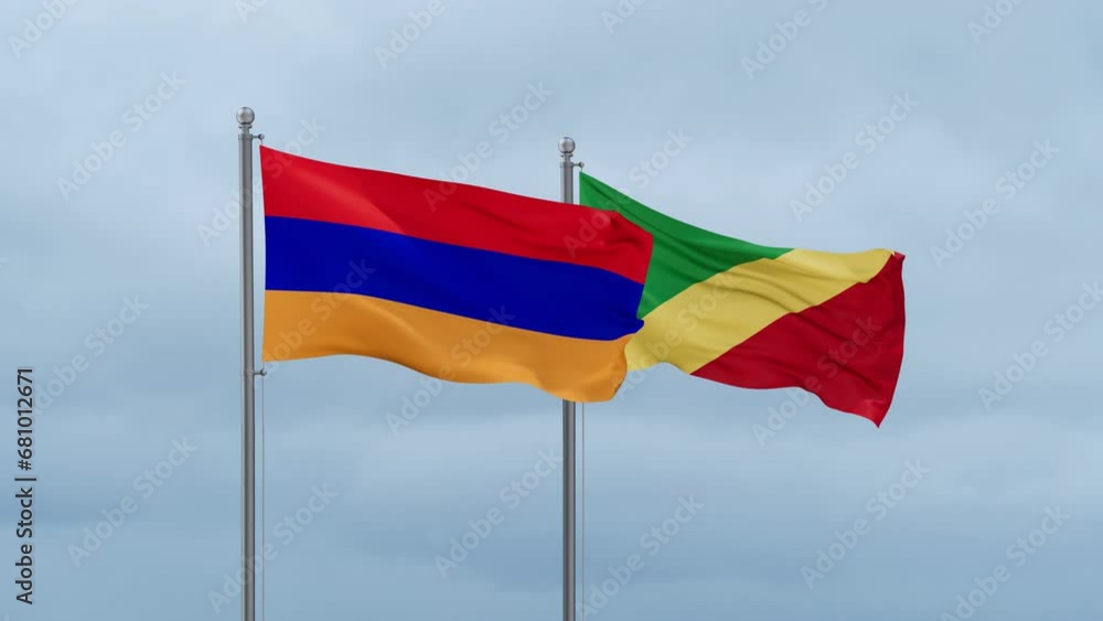 Republic of the Congo flag and Armenia flag waving together on cloudy sky, endless seamless loop, two country relations concept Republic of the Congo flag and Armenia flag waving together on cloudy sky, endless seamless loop, two country relations concept