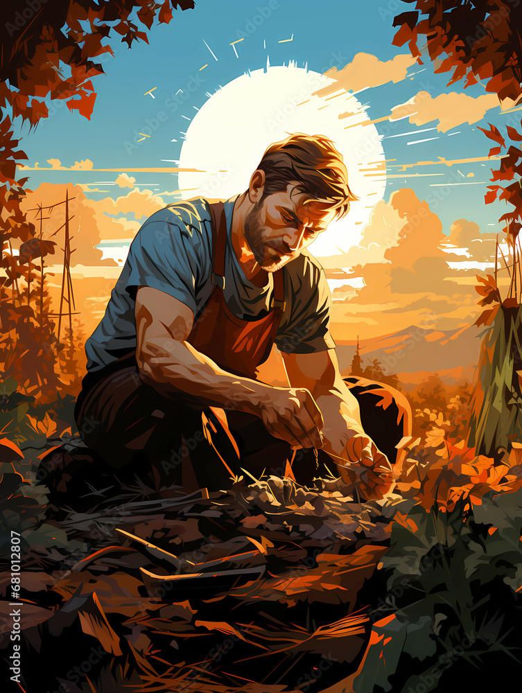 A Man Kneeling In The Ground With Plants And Sun Behind Him - Farmer sowing seeds with sunburst done in retro