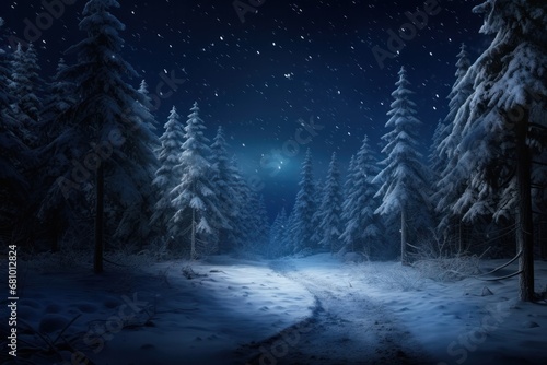 Enchanted winter night scenery with snow-covered trees and starry sky. Magical winter landscape. © Postproduction
