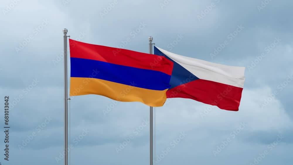 Czech Republic flag and Armenia flag waving together on cloudy sky, endless seamless loop, two country relations concept Czech Republic flag and Armenia flag waving together on cloudy sky, endless seamless loop, two country relations concept