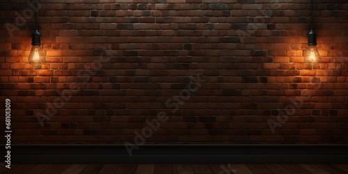 Old Red Brick Wall Texture with Retro Filament Light Bulb. Rustic Grunge Interior. Vintage Urban Ambiance photo
