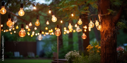 Decorative outdoor string lights hanging on tree photo