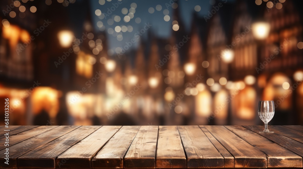 Wooden table top with blurred Christmas city bokeh lights background.