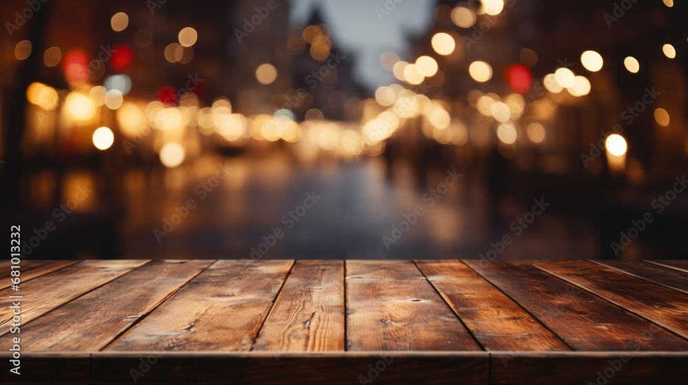 Wooden table top with blurred Christmas city bokeh lights background. Wooden table top with blurred Christmas city bokeh lights background.