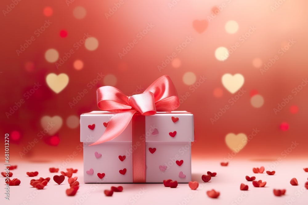 Elegant Valentine's Day Gift Box Surprise and Ribbon in Pink and Red, A Stylish Presentation of Your Love, Copy Space for text background