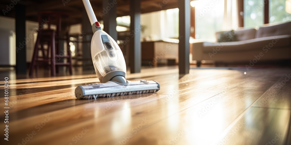 Floor cleaning with mob with cleanser foam and vacuum cleaner at home. - obrazy, fototapety, plakaty 