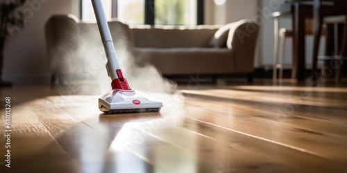 Floor cleaning with mob with cleanser foam and vacuum cleaner at home. photo