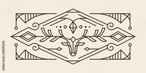 art deco sacred deer line design. vintage drawing of geometric deer head wall art design with detailed ornament Vector mystical illustration. 