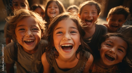 Group of children beings smiling and laughing at the camera, uhd image © sirisakboakaew