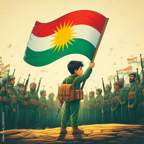 A boy has raised the Kurdistan Flag photo
