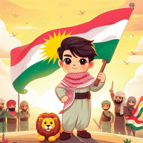 people boy kurdish has raised the Kurdistan Flag photo