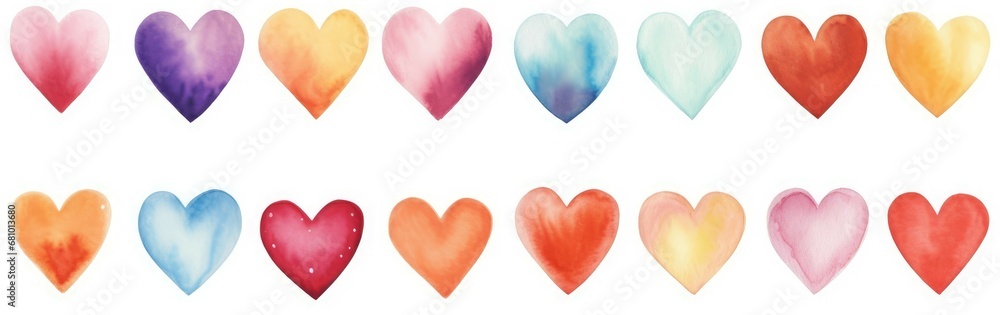 A Collection of Vibrant Watercolor Hearts on a Clean, White Canvas