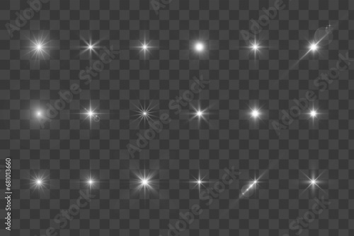 Light shining stars, glare light effects, Shiny illuminated elements on a transparent background. Vector isolate special effects.