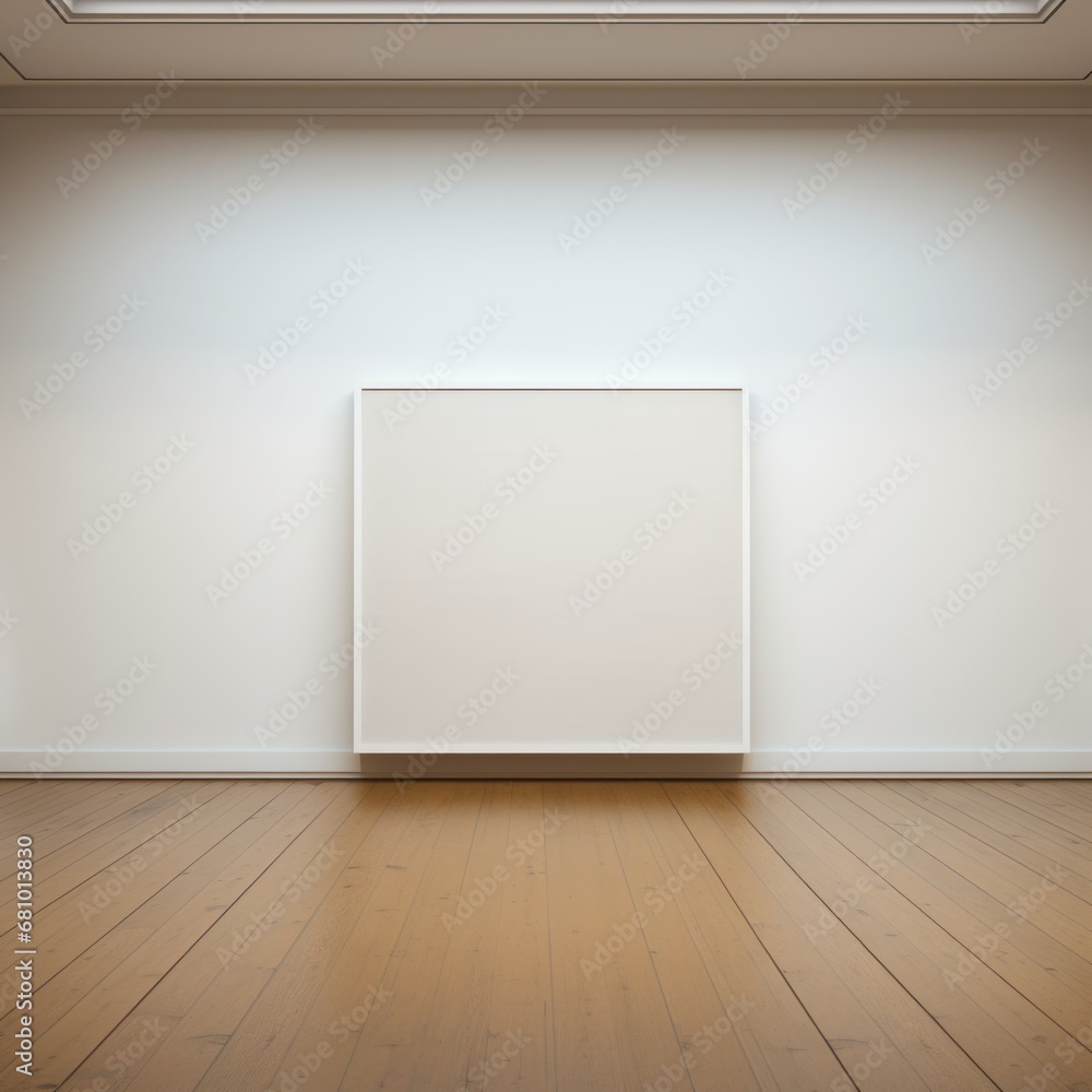A white empty painting in an art gallery stands on the parquet floor A white empty painting in an art gallery stands on the parquet floor