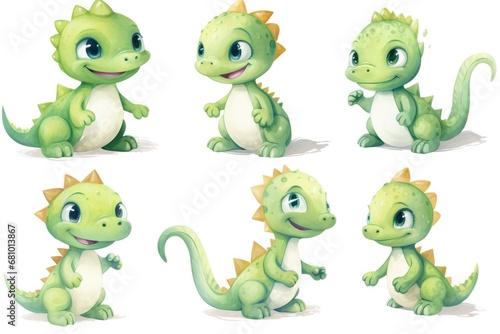 A Playful Parade of Cartoon Green Dinosaurs with Expressive Faces
