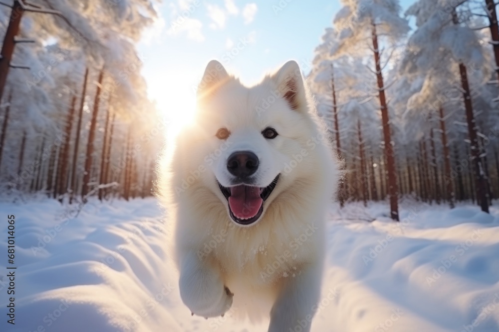 A Samoyed dog runs through the snow in the forest A Samoyed dog runs through the snow in the forest