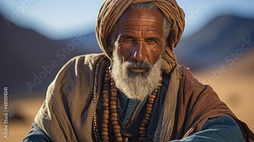 Mature berber man in traditional clothing sitting on sand photo