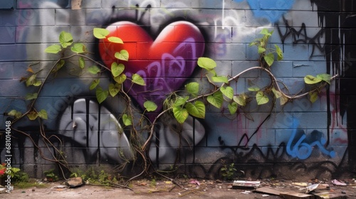 Graffiti on the wall of an abandoned building with red heart. Street Art Concept.
