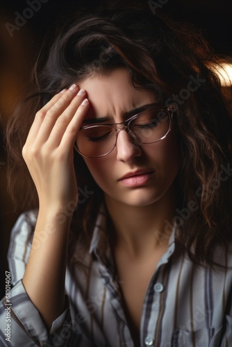 A woman with glasses with symptoms of illness in the workplace