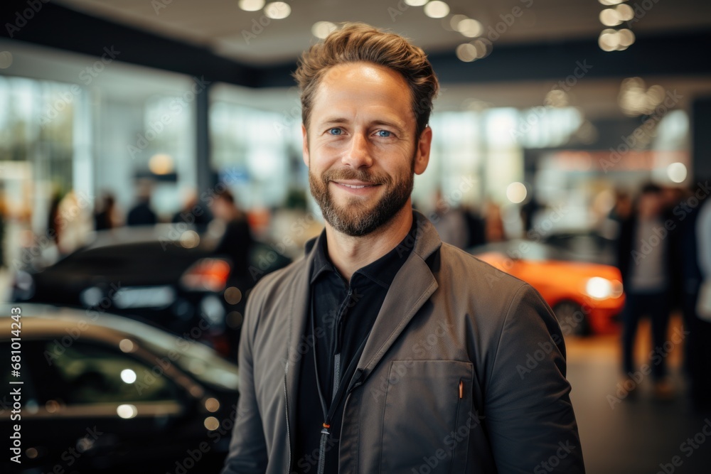 Smiling, friendly car seller standing in car salon and using tablet Smiling, friendly car seller standing in car salon and using tablet