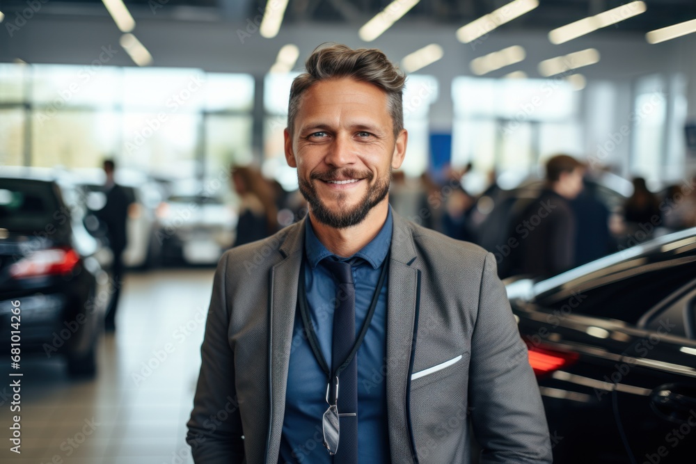 Naklejka premium Smiling, friendly car seller standing in car salon and using tablet