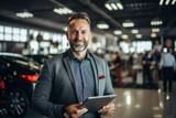 Smiling, friendly car seller standing in car salon and using tablet