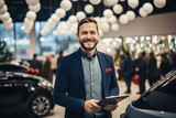 Smiling, friendly car seller standing in car salon and using tablet