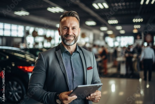 Smiling, friendly car seller standing in car salon and using tablet photo
