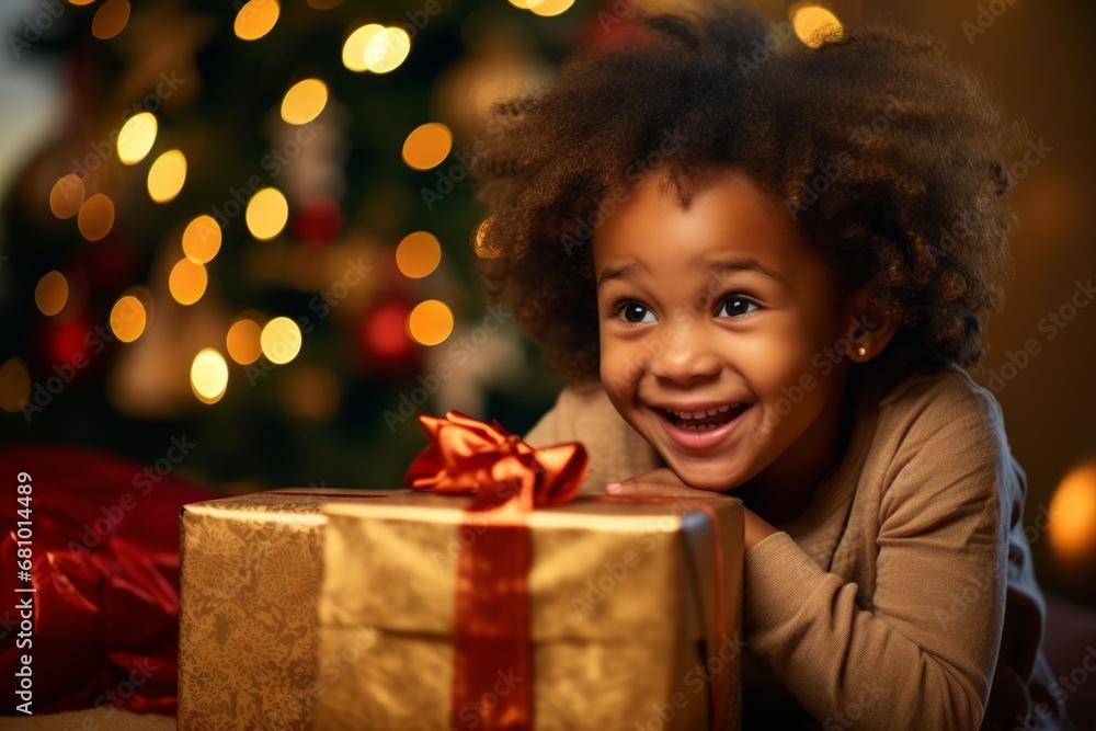 Christmas morning scene of an excited child unwrapping a festive present under the glow of holiday lights Christmas morning scene of an excited child unwrapping a festive present under the glow of holiday lights