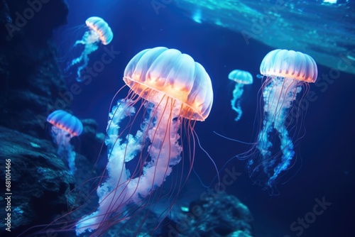 A group of Atlantic sea nettle jellyfish swims in an aquarium