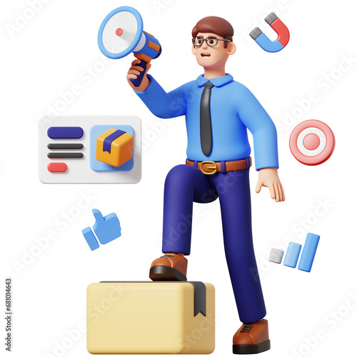 Businessman Doing Product Promotion 3D Illustration