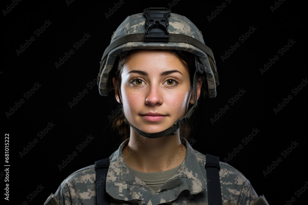 Obraz premium Woman in military camouflage clothing, digital illustration. Generative AI