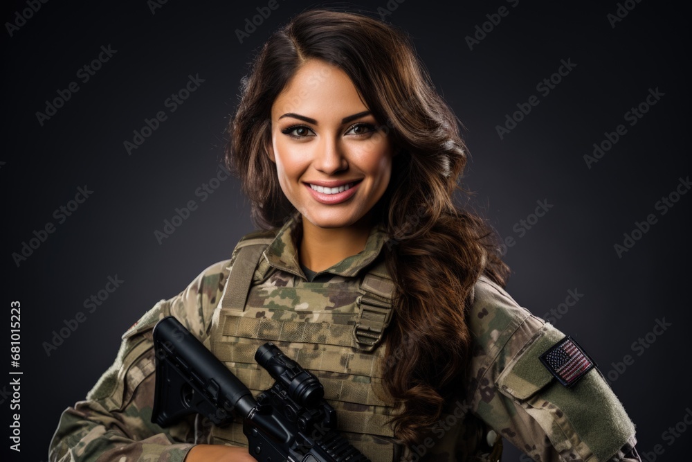 Woman in military camouflage clothing, digital illustration. Generative AI Woman in military camouflage clothing, digital illustration. Generative AI