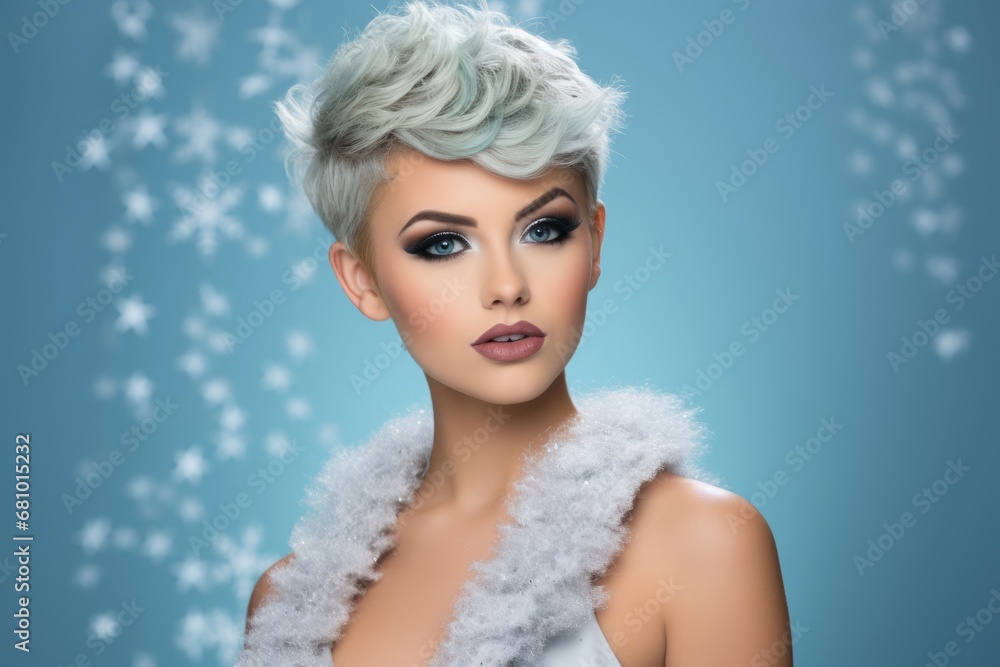 Elegant Lady with Short Hair and Snowflake Makeup Captured in a Winter-themed Christmas Studio Setup Elegant Lady with Short Hair and Snowflake Makeup Captured in a Winter-themed Christmas Studio Setup