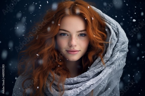 Elegant Redhead Woman Dressed in a Snowflake Shawl Radiates Warmth Amidst an Icy Christmas Studio Setting