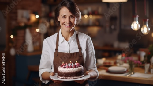 A professional female pastry chef holds a cake and smiles. Cozy kitchen in a coffee shop. Middle aged woman Pastry chef portrait close-up front view. Generative AI.