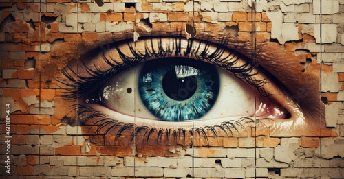 Human eye and broken brick wall, concept of spying and invasion of privacy. Generative AI