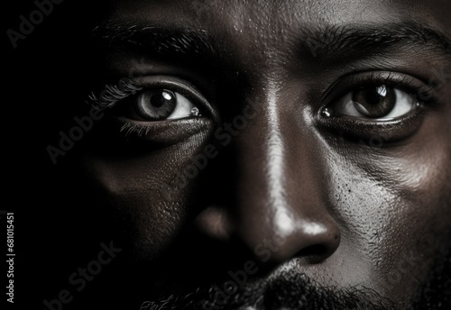 Face of a black man with a serious look, digital illustration. Generative AI