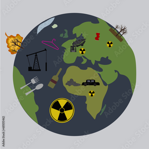 Ecology gobal catastrophe problem. Deforestation, forest fire, oi derrick in dirty ocean. Save the plane Hand drawn vector illustration on grey background