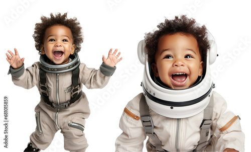 cute happy afro-american baby toddler kid dressed like an astronaut on transparent background 