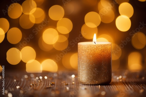 Festive Atmosphere Captured in a Close-Up Image of a Burning Candle Amidst New Year s Decorations