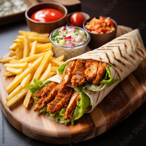 Chicken doner kebab wraps on a wooden board accompanied by chips, pickles, tomatoes on the side, ai technology