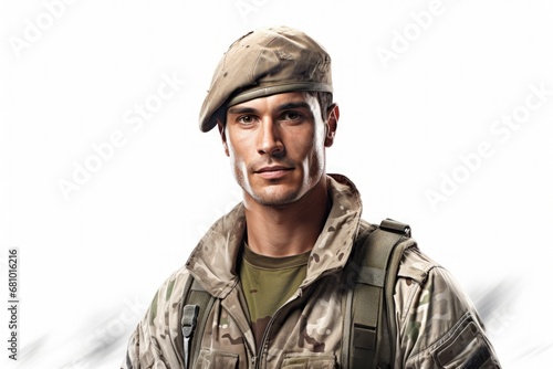 Man in camouflage army military clothing, digital illustration. Generative AI © Deivison