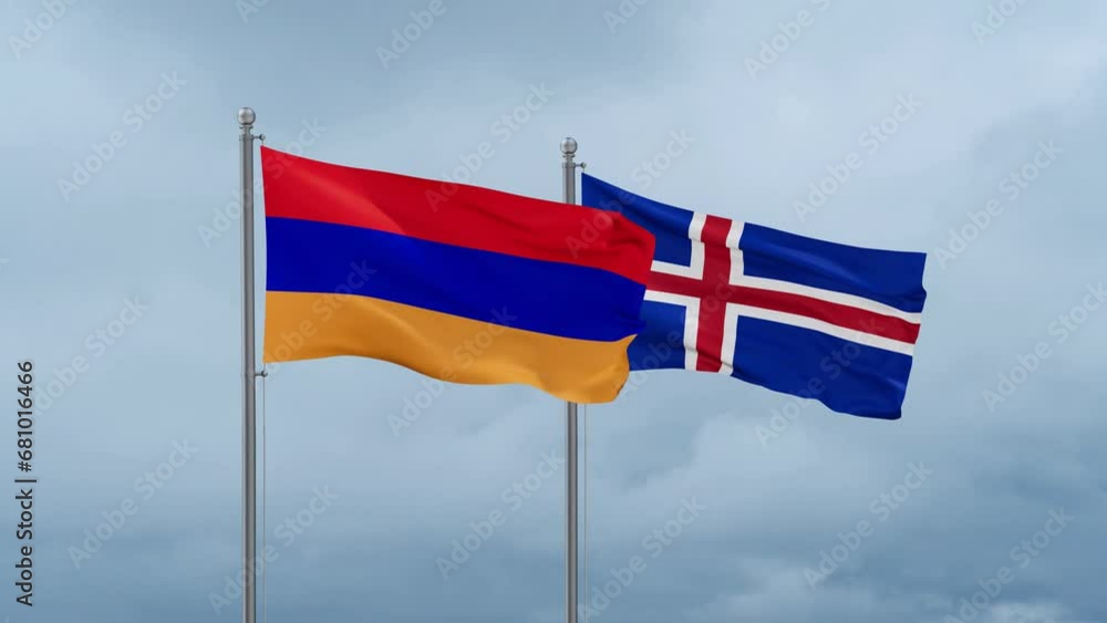 Iceland and Armenia flag waving together on cloudy sky, endless seamless loop, two country cooperation concept Iceland and Armenia flag waving together on cloudy sky, endless seamless loop, two country cooperation concept