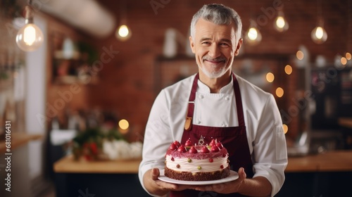 A professional Male pastry chef holds a cake and smiles. Cozy kitchen in a coffee shop. Senior Man Pastry chef portrait close-up front view. Generative AI.