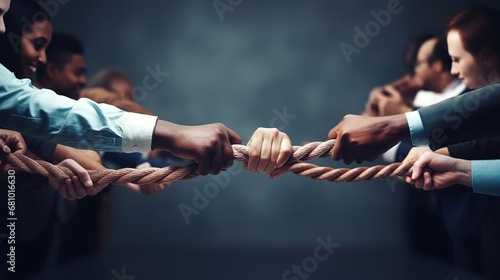 Tug war competition with rope. Hands pulling rope together, teamwork concept. photo
