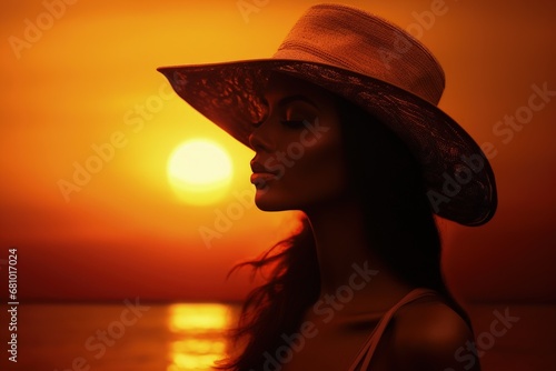 Landscape with beautiful woman in a hat and sunset in the background. Generative AI