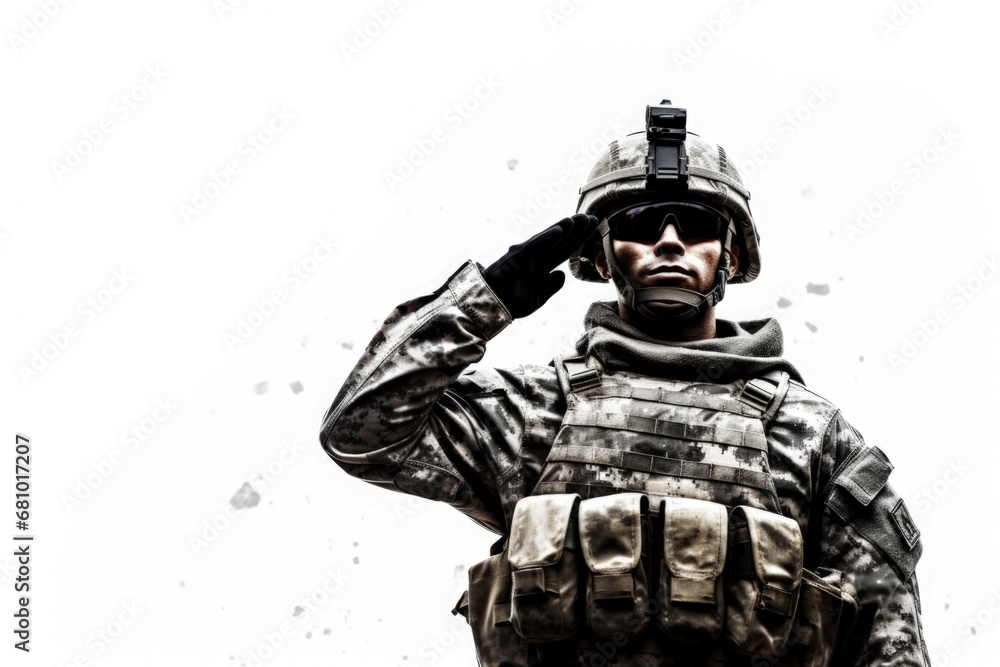 Illustration of American soldier in military uniform saluting, white background. Generative AI Illustration of American soldier in military uniform saluting, white background. Generative AI